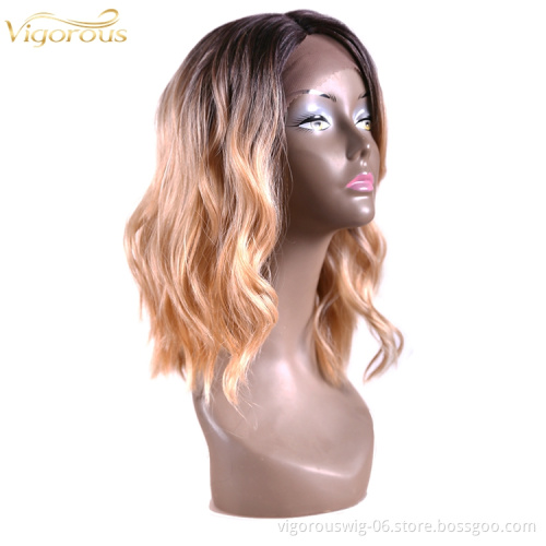 Vigorous wholesale hand tied natural hot sale curly deep part bob ombre full synthetic hd lace front wig for black women